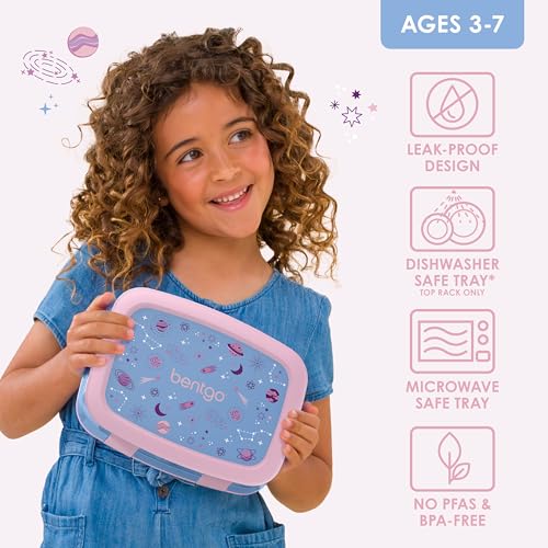 Bentgo Kids Prints Leak-Proof, 5-Compartment Bento-Style Kids Lunch Box - Ideal Portion Sizes for Ages 3-7, Durable, Drop-Proof, Dishwasher Safe, & PFAS & BPA-Free Materials (Lavender Galaxy) - color: Lavender Galaxy