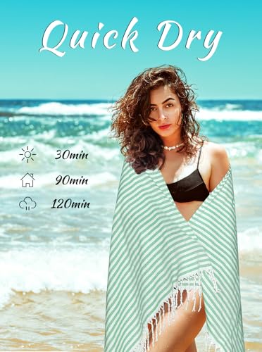 cabanana Turkish Beach Towel Oversized - 40"x70" Quick Dry Sand Free Thin Beach Towels for Adults,Extra Large Cotton Lightweigh Travel Towel for Beach Accessories (Green) - color: Stripe Green