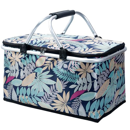 Insulated Picnic Basket for 2, Folding Grocery Basket Insulated Cooler Bag, Collapsible Shopping Baskets with 29L Large Market Basket with Handles for Picnic Travel Food Delivery Market Shopping Blue - color: Blue