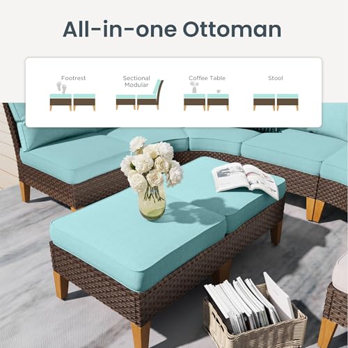 PHI VILLA 8-Piece Curved Patio Furniture Set with Fire Pit Table, Outdoor Wicker Half-Moon Sectional Sofa with Cushions, 56” Gas Fire Pit Table and Ottomans, Aqua Blue - color: Aqua Blue+fire Pit, size: 8 Seats - Curved