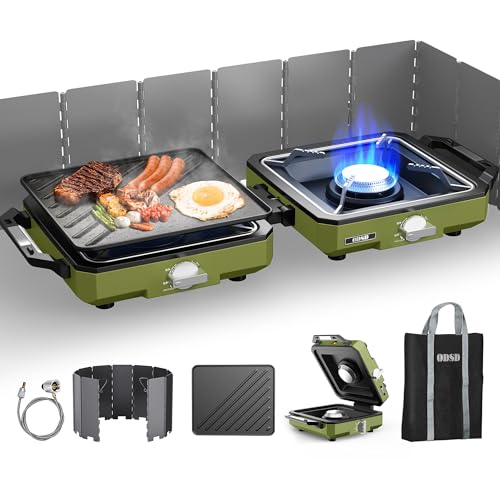 ODSD 2 Burner Camping Stove with Windshield, 20000 BTU Propane Camp Stove, Portable Folding Gas Stove, Camping Essentials Gear Includes Frying Pan, Coffee Stand & Carry Bag, Green - color: Green
