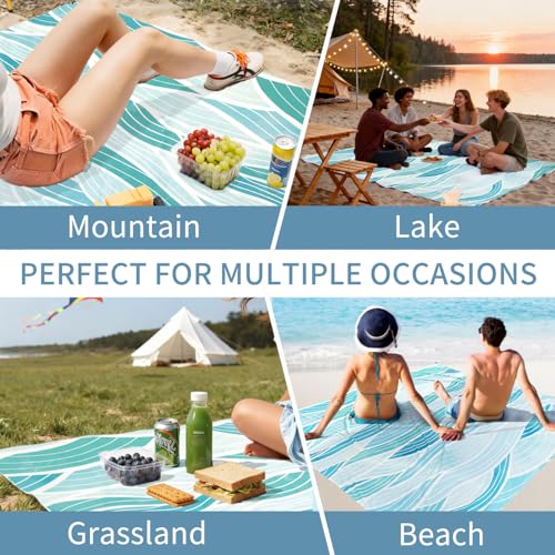 Beach Blanket Waterproof Sandproof Beach Mat 79" X 83" for 2-8 Adults, Sand Free Mat Quick Drying for Travel, Camping, Hiking with 4 Stakes & 4 Corner Pockets - color: Wave