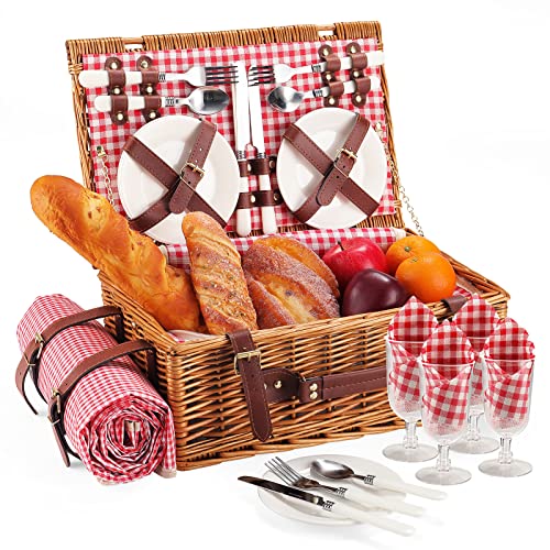 Picnic Basket for 4 Persons with Waterproof Picnic Blanket and Insulated Cooler, Large Wicker Picnic Basket for Camping, Outdoors, Valentine's Day, Christmas, Birthday, Wedding Gift - color: Red and White Small Plaid