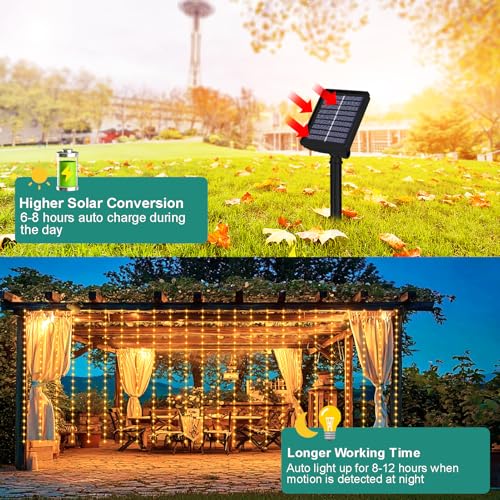 echosari Solar Curtain Lights 7.9ft x 6ft 144 LED Outdoor Curtain Lights Waterproof with Timer 8 Modes for Christmas Garden Patio Fence Wedding Wall Window Gazebo Decor - Warm White - color: Warm White