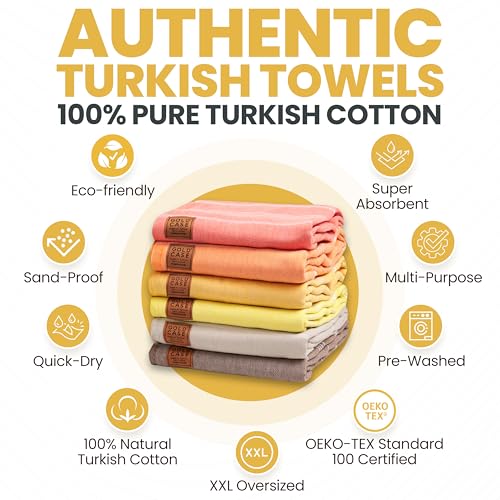 Gold CASE LYCIA Turkish Beach Towel Set of 6 – 100% Cotton Turkish Beach Towels Bulk 70 x 38'' – LYCIA Oversized, Quick Dry & Sand Free Beach Towel – Lightweight Towels Set in Tones of Yellow - color: Tones of Yellow, style: Beach-Bath Towel Set