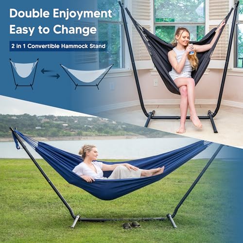 SUNCREAT 2-in-1 Convertible Backyard Fabric Hammock with Stand, Large Hammocks for Outside, Dark Blue - color: A-dark Blue