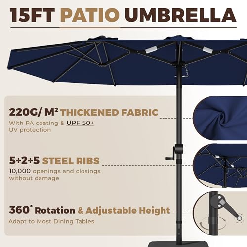GDPFN 15ft Patio Umbrella with Base Include, Large Outdoor Double-Sided Rectangle Umbrella with Easy Crank Handle for Poolside, Garden & Deck - Navy Blue - color: Navy Blue, size: With Base-no Led