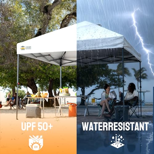 CROWN SHADES 10x10 Pop Up Canopy - Patented Center Lock One Push Instant Outdoor Canopy Beach Tent with STO-N-Go Bag 8 Stakes & 4 Sand Bags，White - style: White