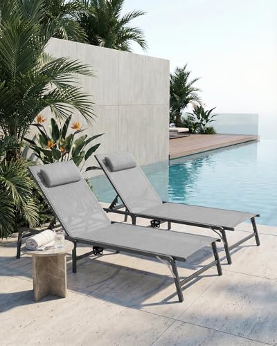 4 Pack Foldable Chaise Lounge Chair with Cup Holder, Assemble-Free Outdoor Lounge Chair with Detachable Pillow and 6 Adjustable Backrest, Patio Lounge Chair for Outside Poolside Beach Pool, Grey - color: Grey, size: 4-Pack