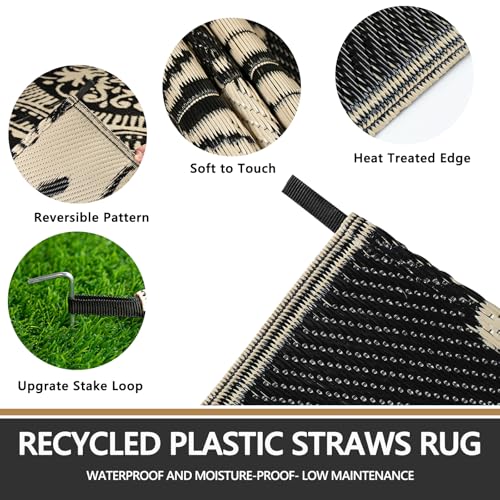 Capslpad 5x8 Outdoor Rug Waterproof Camel Boho Floral Patio Carpet Portable Plastic Straw Rug Foldable Outside Carpet with Carry Bag for RV Backyard Balcony Bench Picnic Porch - color: Black&brown, size: 5' x 8' (Rectangular)