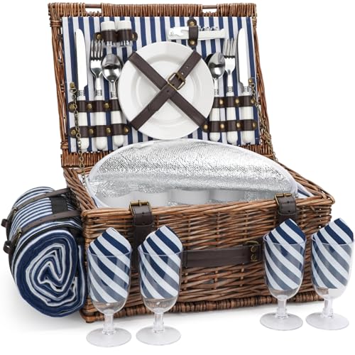 Picnic Basket for 4 Persons - Baskets with Cooler and Picnic Blanket, Classical Wicker Picnic Basket with Waterproof & Sand-Proof Beach Mat,Willow Hamper Service Gift Set - size: 15.53" for 4 Persons With Cooler