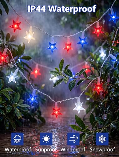 4th of July Decorations Star String Lights, 13.6Ft Red White Blue Patriotic Lights with 35 LED Stars, Waterproof Plug in Fairy String Lights for Memorial Day Independence Day Outdoor Indoor Decor - color: 35LED Star Lights