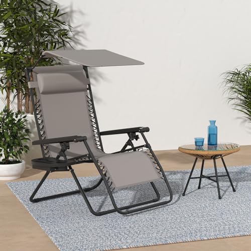 Best Choice Products Folding Zero Gravity Outdoor Recliner Patio Lounge Chair w/Adjustable Canopy Shade, Headrest, Side Accessory Tray, Textilene Mesh - Ice Gray - color: Ice Gray, size: Standard