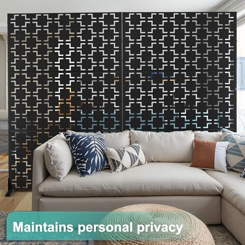 Modern Metal Privacy Screen, Patio Outdoor Privacy Panels with Stand, Freestanding Outdoor Divider for Yard, Deck＆Garden(71.3"*47.3"*15.7") - color: Black,Square