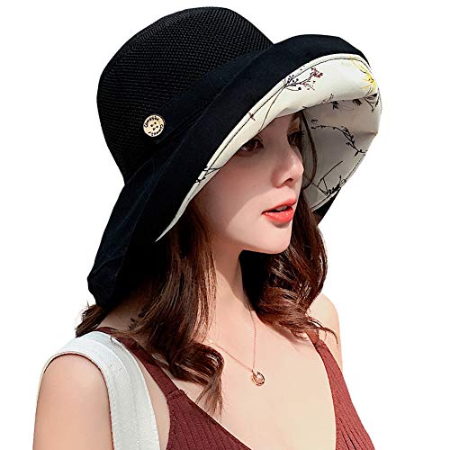 Women Mesh Sun Hats Summer Beach UV Protection UPF Packable Wide Brim Chin Strap - color: Black