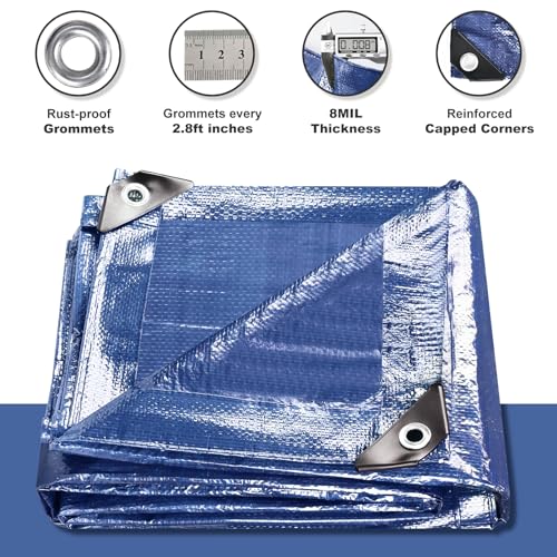 Tarps Waterproof 10x12 Feet, 2 Pack Heavy Duty Blue Tarp Cover 8 Mil Thick, Resistant Plastic Tarpaulin with Metal Grommets, Outdoor Tent Cover for Emergency Rain - color: Blue-8mil, size: 10'x12' 2pk