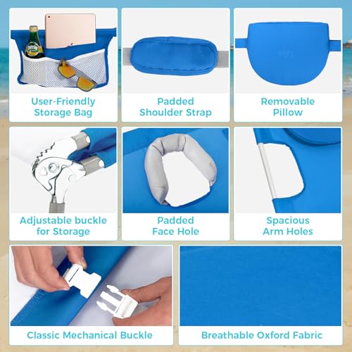#WEJOY Folding Tanning Chair with Face Hole, 5-Position Face Down Beach Lounge Chair for Sunbathing, Lightweight Portable Outside Recliner with Side Pocket & Shoulder Straps for Pool, Patio, Blue - color: Readease-face Hole Blue, style: ReadEase 5 Positio