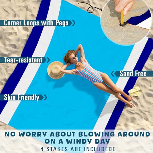 Beach Blanket 78''×110'' Suits 1-7 Adults Waterproof Sandproof Oversized Lightweight Blanket Packable Large Picnic Mat for Beach Travel Camping Picnic Hiking - color: Blue White, size: 78''x110''