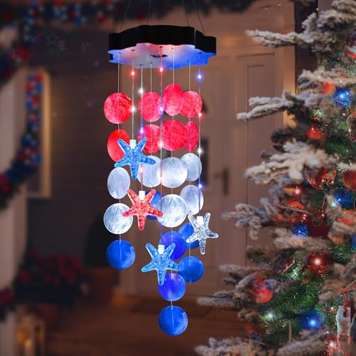 Solar Shell Gift for Mom Grandma Girls, Christmas Red White Blue Solar Wind Chimes for Outside, Christmas Decorative Mobile Lights for Garden, Yard, Patio, Window, Party, Outdoor Decorations - color: Red White Blue