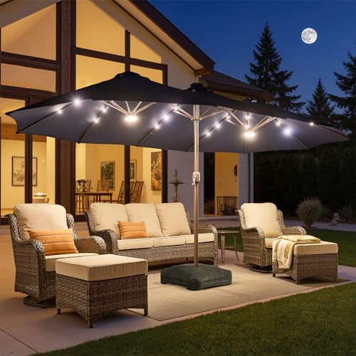 HOOOWOOO Outdoor Patio Umbrella With Solar Light,15 Ft Large Beach Umbrella,UV Protection Picnic Market Parasol Sunshade W Base Crank Handle For Backyard Deck Pool Shade - color: Blue