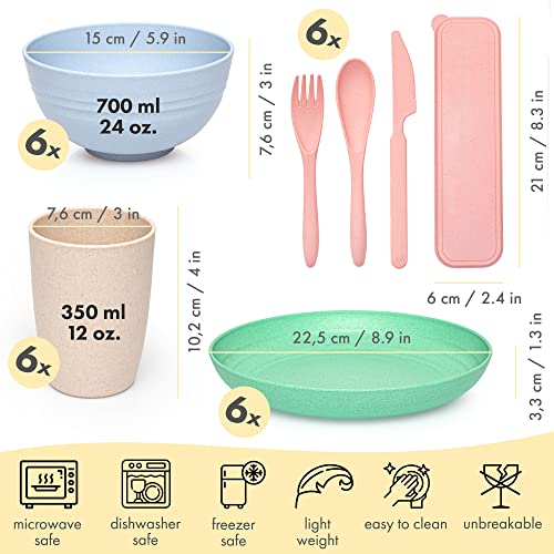 FOODLE Wheat Straw Dinnerware Set - BPA Free & Safety Certified - Lightweight & Unbreakable - Microwave & Dishwasher Safe - Camping, Dorm & RV Dishes - Reusable Kids Plates and Bowls Sets - For 6 - color: Multicolor