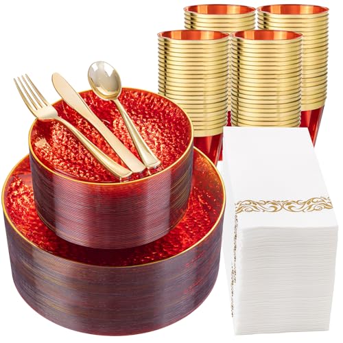 DaYammi 350PCS Clear Red Gold Plastic Dinnerware Set for 50 Guests, Hammered Disposable Plates for Party, Include: 50 Dinner Plates, 50 Dessert Plates, 150 Gold Silverware, 50 Napkins, 50 Cups - color: Clear Red, size: 350 Pcs