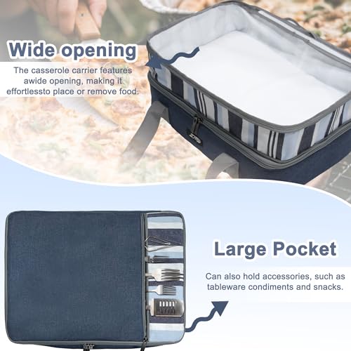 Double Decker Insulated Casserole Carrier, Expandable Thermal Food Warmer Bag Fits 9x13 Dish, Leak-Proof Potluck Lasagna Holder with Utensil Pocket for Picnic Party Cookout (Blue) - color: Blue