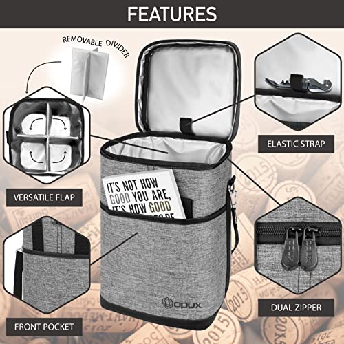 Opux 4 Bottle Insulated Wine Cooler Bag - Leakproof Padded Portable Wine Bottle Tote for Travel Picnic BYOB - Heather Gray - color: Heather Gray, size: 4 Bottle