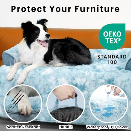 Calming Extra Large Dog Couch Bed for Dogs, 45 x 37 inch Waterproof Removable Pet Mat Couch Cover for Furniture Protector, Non-Slip Fluffy Pelsbarn Dog Bed for Couch, Sofa, Car - Tie-Dye Blue - color: Tie-Dry Blue, size: X-Large