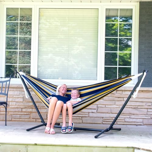 Vivere Double Cotton Hammock with Space Saving Steel Stand, Upgraded Polyester End Strings 450 lb Capacity - Premium Carry Bag Included - USA Grown Cotton (Serenity) - color: Serenity
