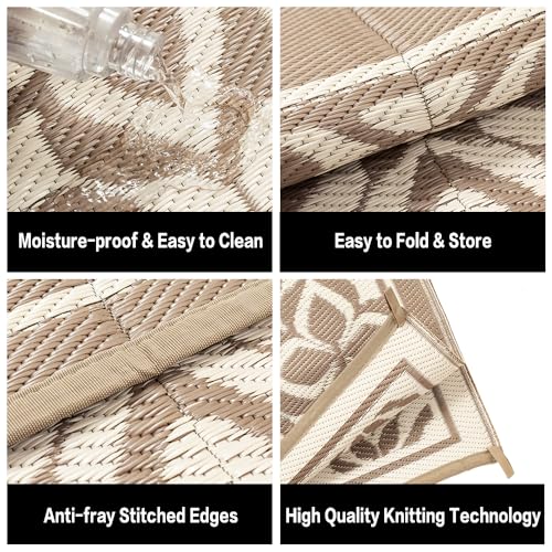 PureCozy Outdoor Plastic Straw Rug Beige Brown Large Outside Waterproof Outdoor Patio 5x8 Carpet Geometric Reversible Mat Modern for Camping RV Porch Deck Balcony Beach - color: Geo | Beige Brown, size: 5' x 8' (Rectangular)