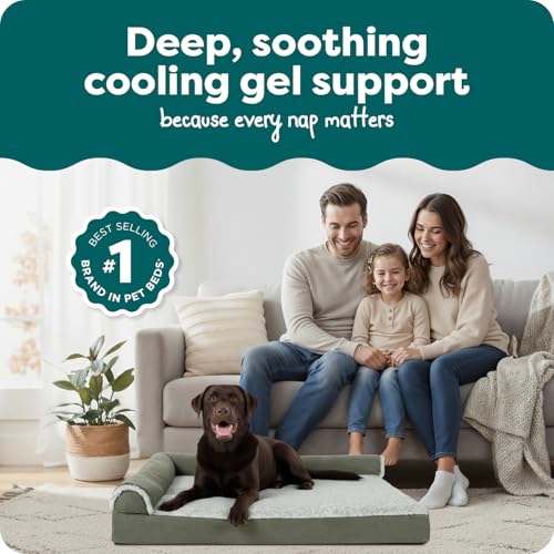 FurHaven Cooling Gel Dog Bed for Large Dogs, L-Shaped Chaise with Cool Gel-Top Foam with a Solid Orthopedic Foam Base for Joint Support, Washable Cover, Jumbo XL, Plush Faux Fur & Suede, Dark Sage - color: (Two-Tone Faux Fur & Suede) Dark Sage, size: Jumb