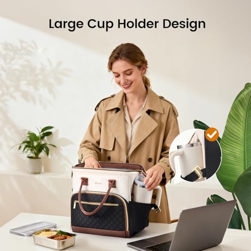 LOVEVOOK Lunch Bag Women, Insulated Adult Lunch Box for Women Work, Wide Opening Leakproof Cooler Tote Bag for Office Campus Picnic Beach with Shoulder Strap, Loncheras Para Mujer with Cup Holder - color: Black-White-Brown, size: X Large—20L