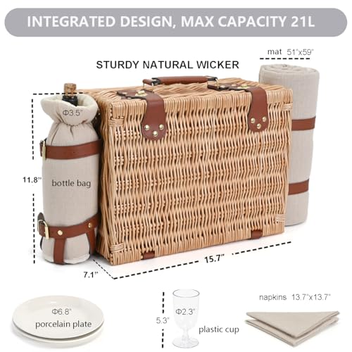 Picnic Basket with Blanket and Wine Pouch for 4, Wicker Picnic Set with Insulated Liner Cooler Bag Hamper for Camping,Wedding - Natural - color: Natural With Blanket for 4