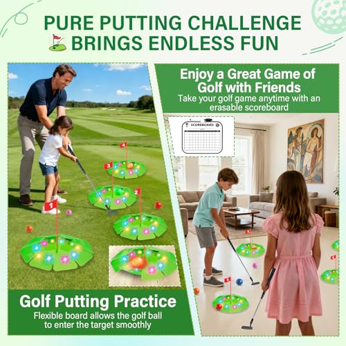 TERRAMUS Light Up Golf Play Set - Upgraded Kids Toy Golf Putting Game Set with 6 LED Targets, 2 Clubs, 6 Balls (2 Glow), Night Golf Toys Gifts for Kids Golfers Family Indoor Outdoor Beach Lawn Park - color: Green