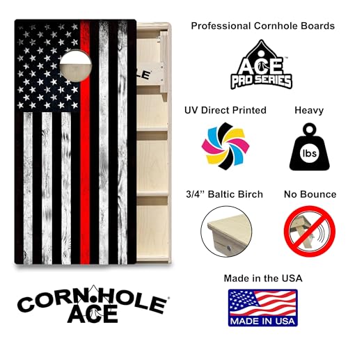 CornholeAce ACE PRO American Flag Cornhole Board Set - No Bounce! Triple Wide Legs, 3/4" Baltic Birch Plywood, Handles, Regulation Size (4x2ft), Tournament Style, Made in USA - color: Thin Red Line Firefighter Flag