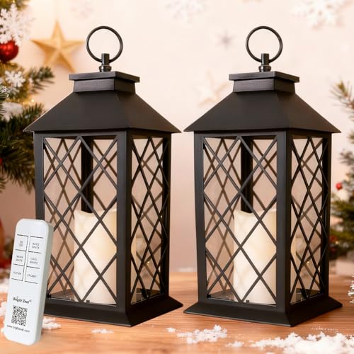 2-Pack 13.5" Candle Lanterns Outdoor Waterproof Decorative Lights with Timer Remote - Decorative Indoor LED Lanterns Battery Operated - Cool White Vintage Lantern Outdoor - color: 2-Pack: BLACK - TWO Flicker Options By Remote