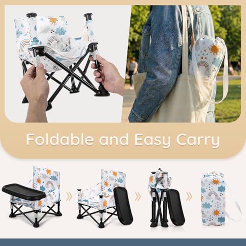 Toddler Booster Seat for Kitchen Chair & Travel - Portable Foldable with Removable Tray, Baby Camping Chair 6-36 Months Indoor Outdoor (White Cloud Design) - color: Little Sun Baby Seat