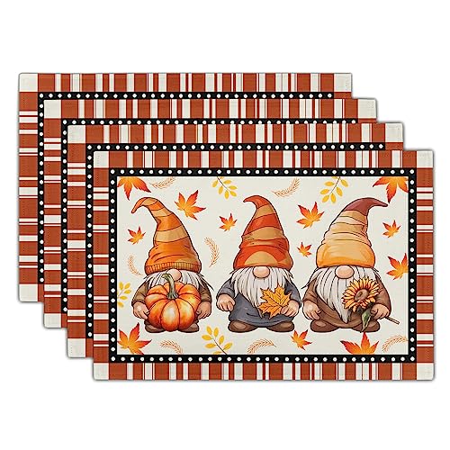Fall Thanksgiving Placemats Set of 4，12x18 Inch Autumn Maple Leaves Gnomes Place Mats Farmhouse Table Mat for Seasonal Holiday Party Kitchen Dining Room Table Decor - color: Fall Gnomes