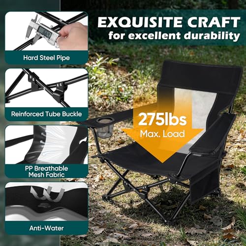 HaSteeL Low Beach Chair Set of 2, Foldable Black Camping Chair with Adjustable Umbrella Set for Adults, Lightweight Portable Lawn Chairs for Fishing, Picnic, Outdoor BBQ, Travel, Sports - color: Black Chairs + Black Umbrella