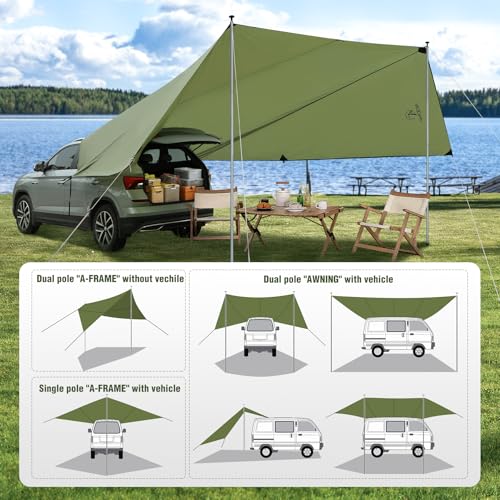 REDCAMP Large 19ft x17ft Car Awning for SUV with 2 Tarp Poles & 2 Suction Cup Hooks, Waterproof UV Protection Sun Shade Vehicle Awning Shelter Tarp for Camping, Truck, Van, Tailgate Canopy