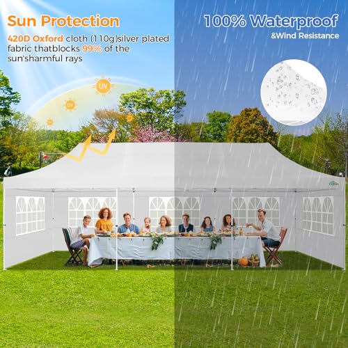 COBIZI 10x30 Pop up Canopy with Roller Bag & 8 Removable Sidewalls, Canopy Tent for Parties, Wedding, and Commercials, Waterproof and Instant Shelter UV50+ Outdoor Gazebo with 4 Sandbags(Pure White) - color: Pure White, size: 10x30FT