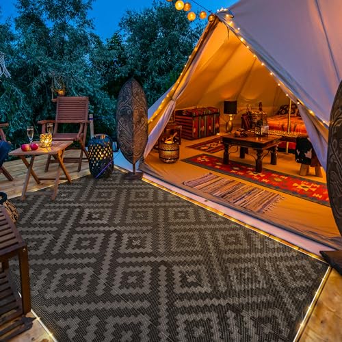 GENIMO Outdoor Rug with LED Strip Lights, 8'x10' Waterproof Camping Mat, Reversible Plastic Straw Rugs for Patio, RV, Camper, Balcony, Backyard, Picnic, Deck, Black & Gray - color: Black&gray | Led, size: 8' x 10' (Rectangular)
