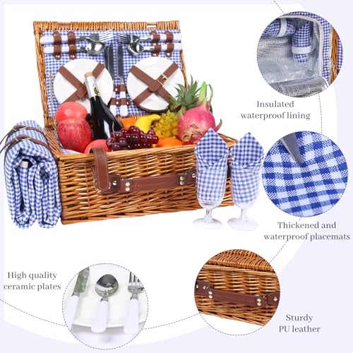 Neti Neti Wicker Picnic Basket for 4 with Insulated Cooler & Waterproof Blanket – Large Willow Picnic Hamper for Outdoor, Camping, Beach, Romantic Dates, Valentine’s Day - color: Blue Plaid