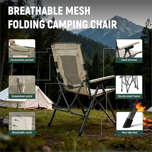 OUTSIDER 3-Position Portable Camping Chair- Heavy Duty 350 lb, Breathable Mesh, Outdoor Folding Chair for Camping, Lawn, Backyard - Includes Carry Backpack & Quick-Hook Ports