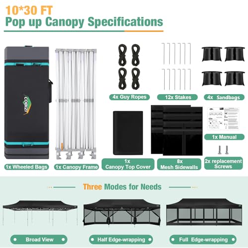 COBIZI 10x30 Canopy Tent, Heavy Duty Pop up Canopy with Sidewalls, Waterproof Easy Setup Canopy with Mosquito Netting, Outdoor Instant Screen Tents for Parties, Wedding with Roller Bag, Black - color: Black, size: 10x30ft