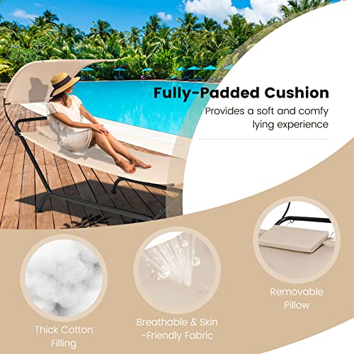 Tangkula Hammock with Stand Included, Heavy Duty Outdoor Hammock with Adjustable Canopy, Rustproof Metal Stand, Pillow, Storage Pocket, Hammock Bed with Stand for Backyard Lawn Poolside (Beige) - color: Beige