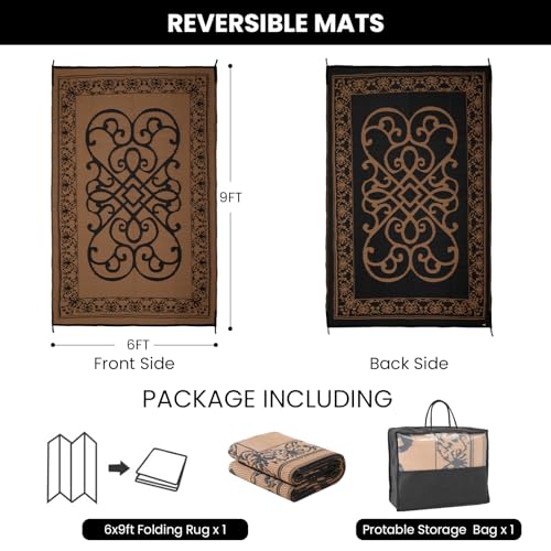 Outdoor Rug 6 x 9 ft, Reversible Plastic Straw Rug for Patio, Waterproof Large Outdoor Carpet for RV, Patio, Camping, Backyard, Deck, Picnic, Beach - color: Pattern Black/Brown, size: 6'x9'