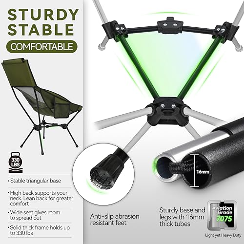 MARCHWAY Lightweight Folding High Back Camping Chair with Head Support, Stable Portable Compact for Outdoor Camp, Travel, Beach, Picnic, Festival, Hiking, Backpacking (Highback Green) - color: Highback Green