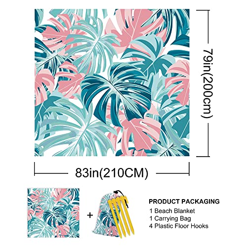 Tropical Palm Leaves Beach Blanket Sandproof Waterpoof Oversized 79"x 83" Pink and Blue Beach Mat with Corner Pockets, Lightweight Portable Mat for Beach Travel Picnic Camping Outdoor - color: Tropical Palm Leaves, size: 79"x83"